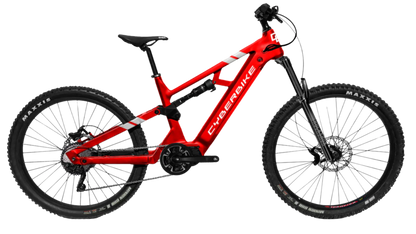 2025 CyberBike Raptor Pro in vibrant red, designed for trail and enduro riding, unisex with advanced geometry.