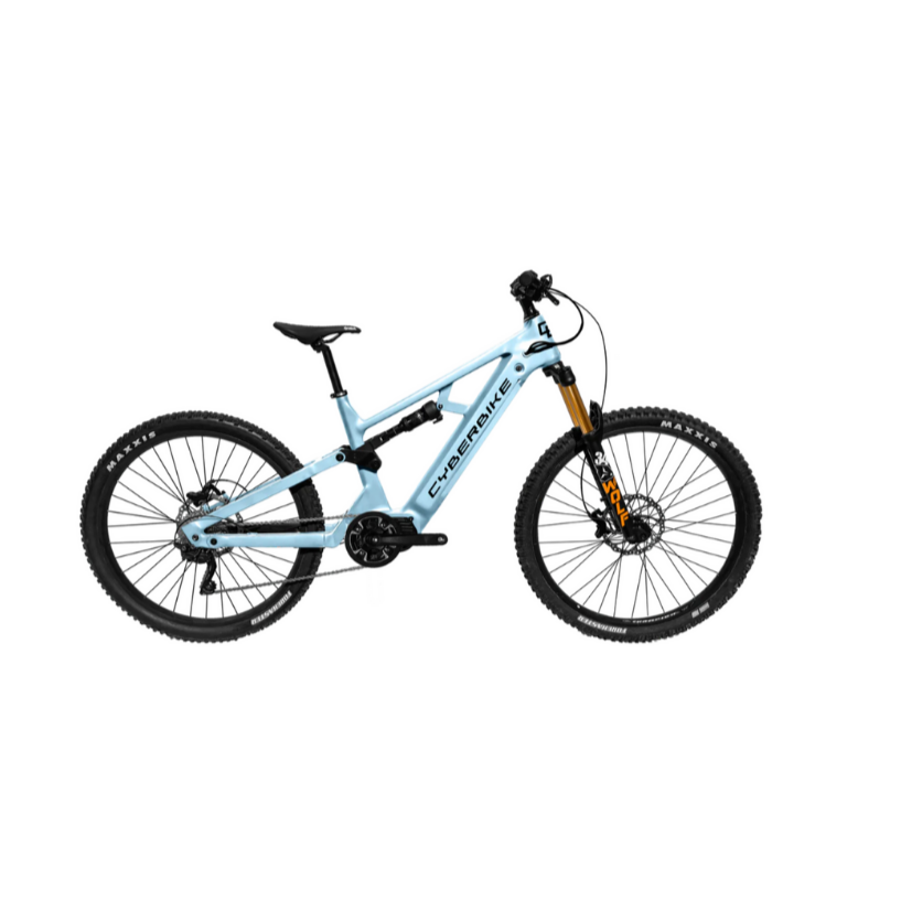 2025 CyberBike Cyclone RX trail bike in Arctic Gray color with advanced suspension and durable tires.