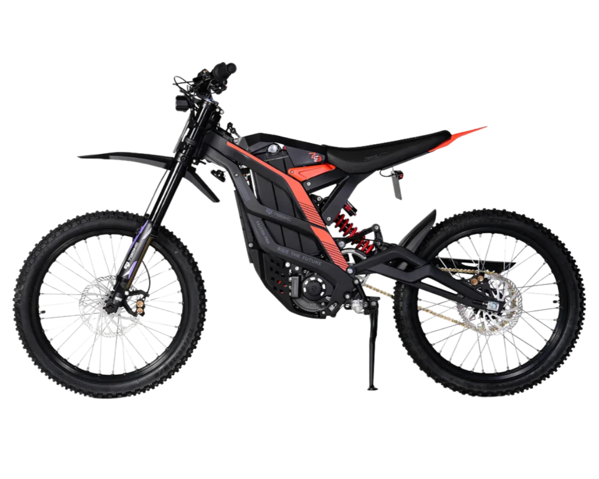 79BIKE Falcon Pro electric dirt bike with red and black design, featuring advanced suspension and performance components.