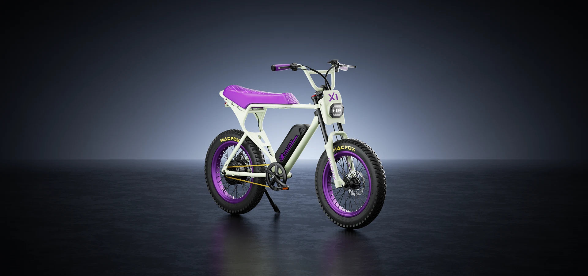 Macfox E-bike X1S with purple accents, featuring 500W motor, 25mph speed, and 500Wh battery for long-range rides.