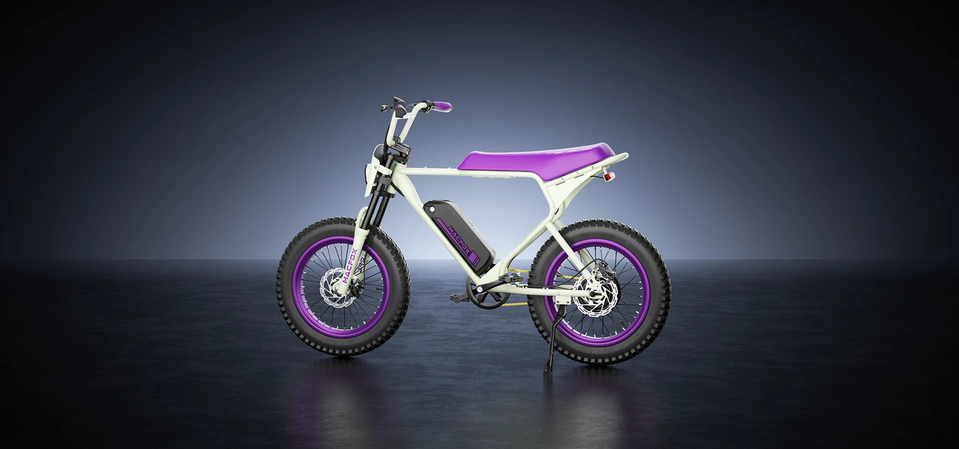 Macfox E-bike X1S in white and purple color, featuring 20" tires and a sleek contemporary design.