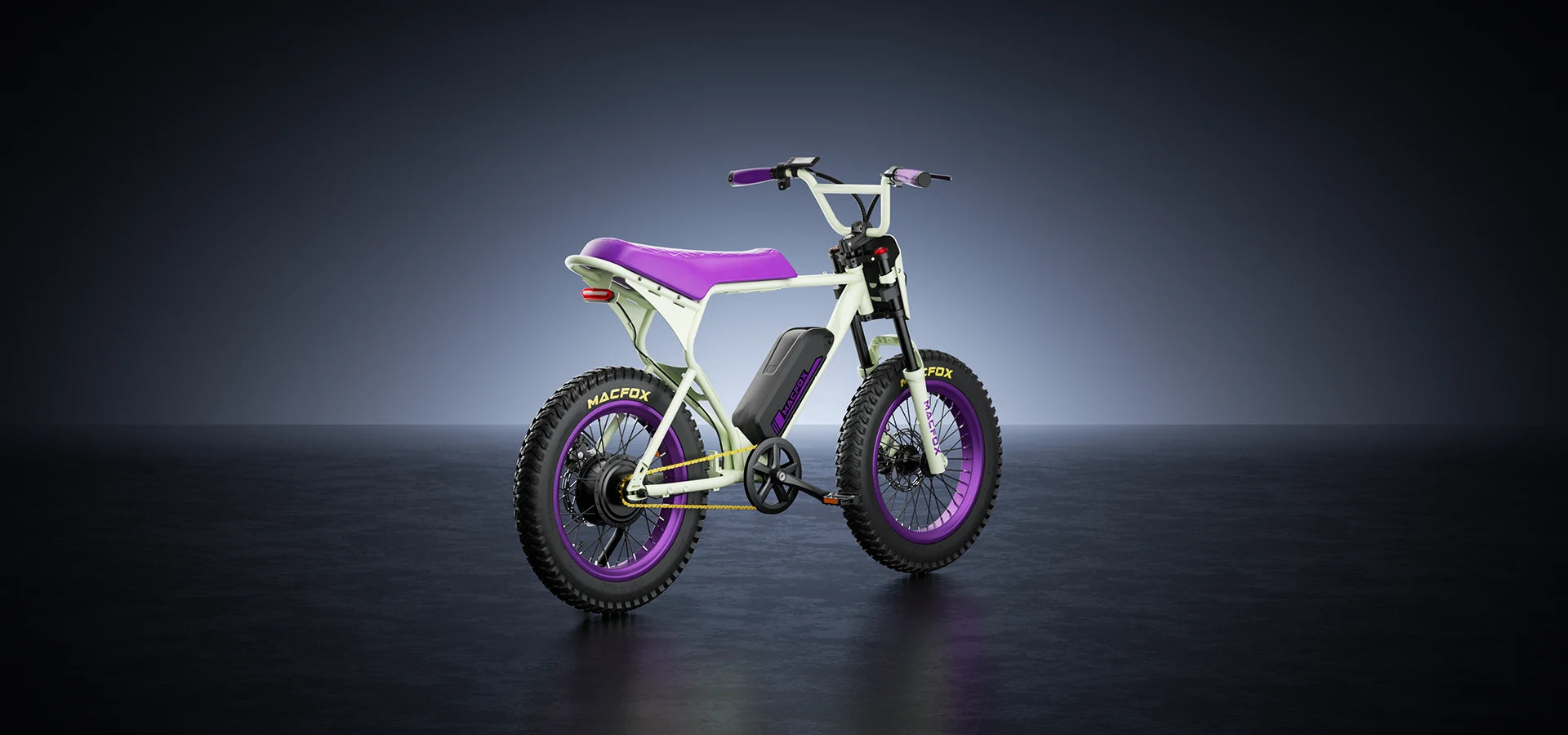 Macfox E-bike X1S in white and purple, 500W motor, 25mph top speed, and 20" fat tires on a sleek background.