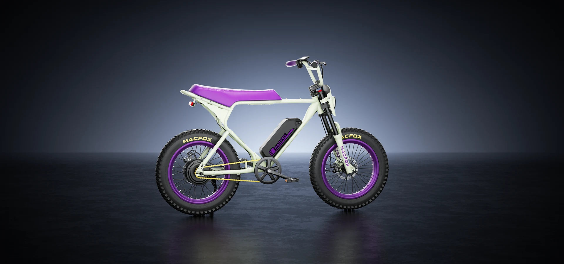 Macfox E-bike X1S in white and purple, 25mph top speed, 500Wh battery, designed for comfort and style.