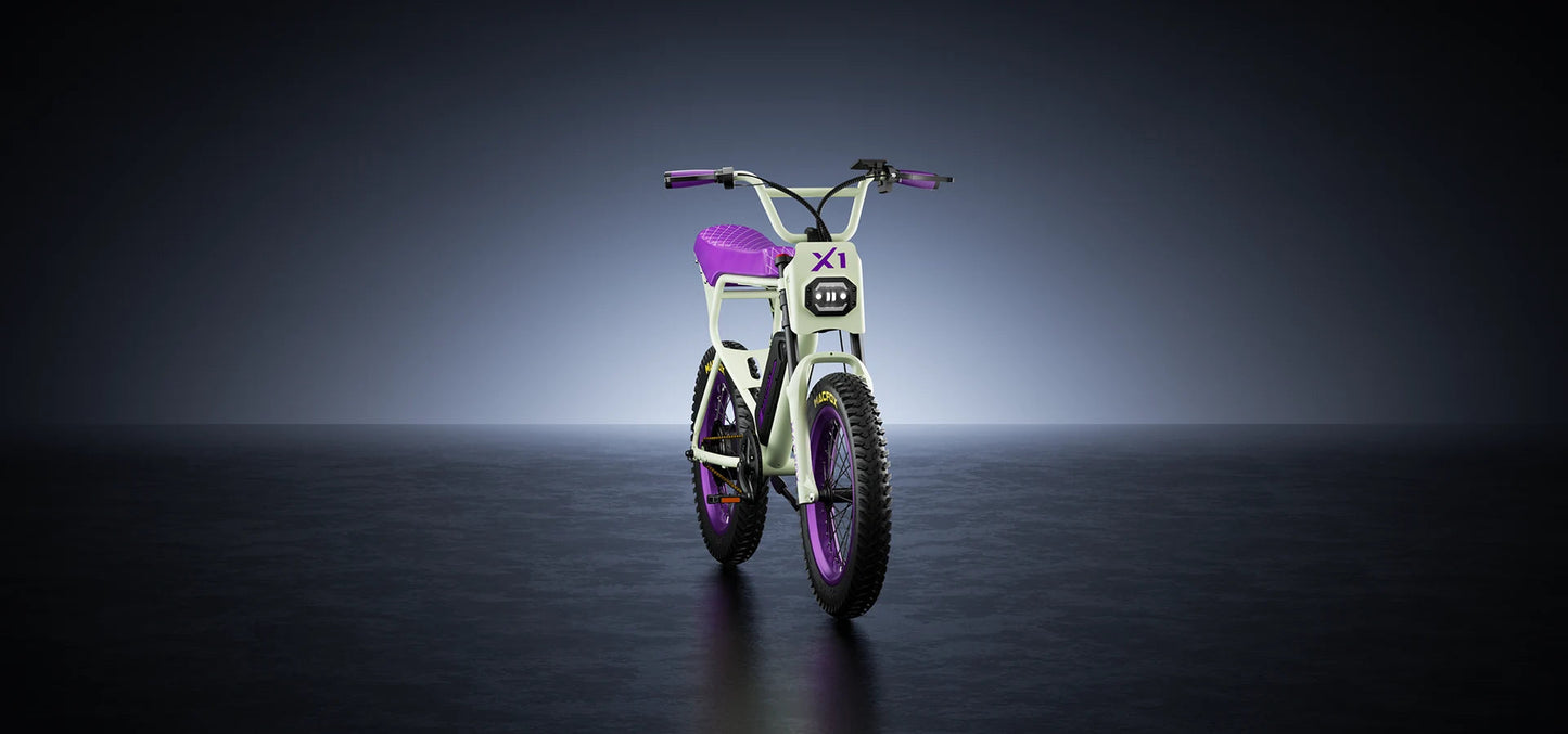 Macfox E-bike X1S in white and purple design, showcasing its 20" tires and sleek frame, ideal for city and outdoor rides.