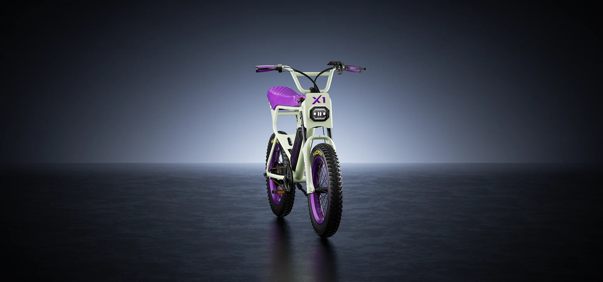 Macfox E-bike X1S in white and purple design, showcasing its 20" tires and sleek frame, ideal for city and outdoor rides.