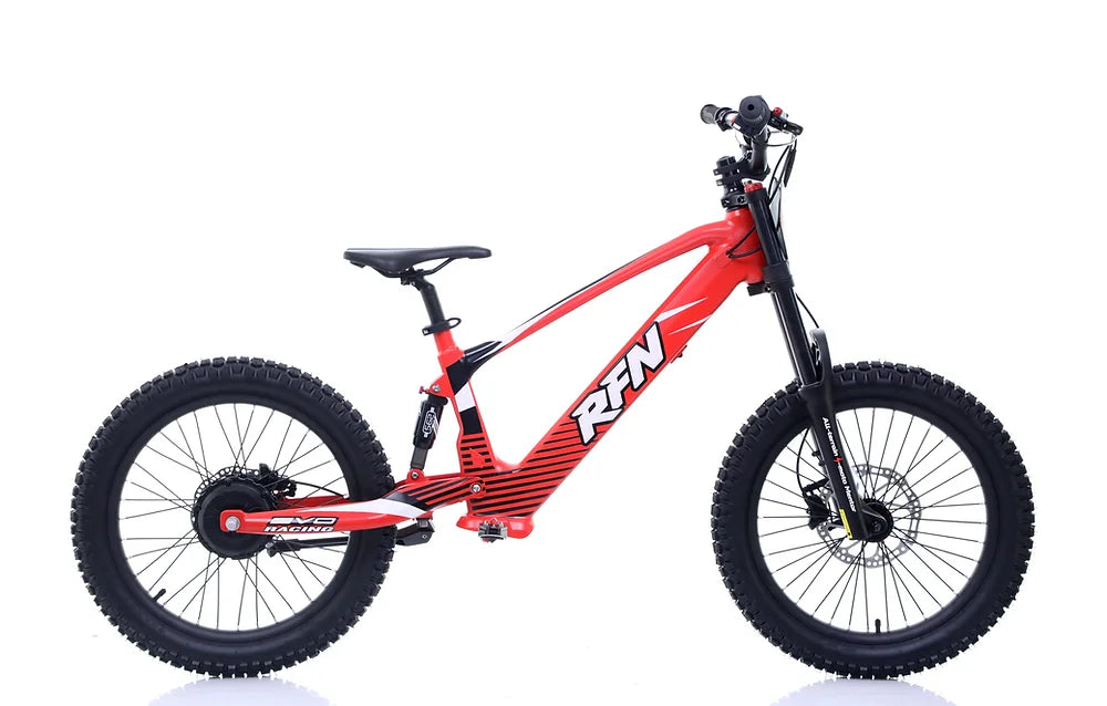 RFN Evo Racing 20 E-Moto electric kids bike in red, featuring a lightweight frame and off-road tires.